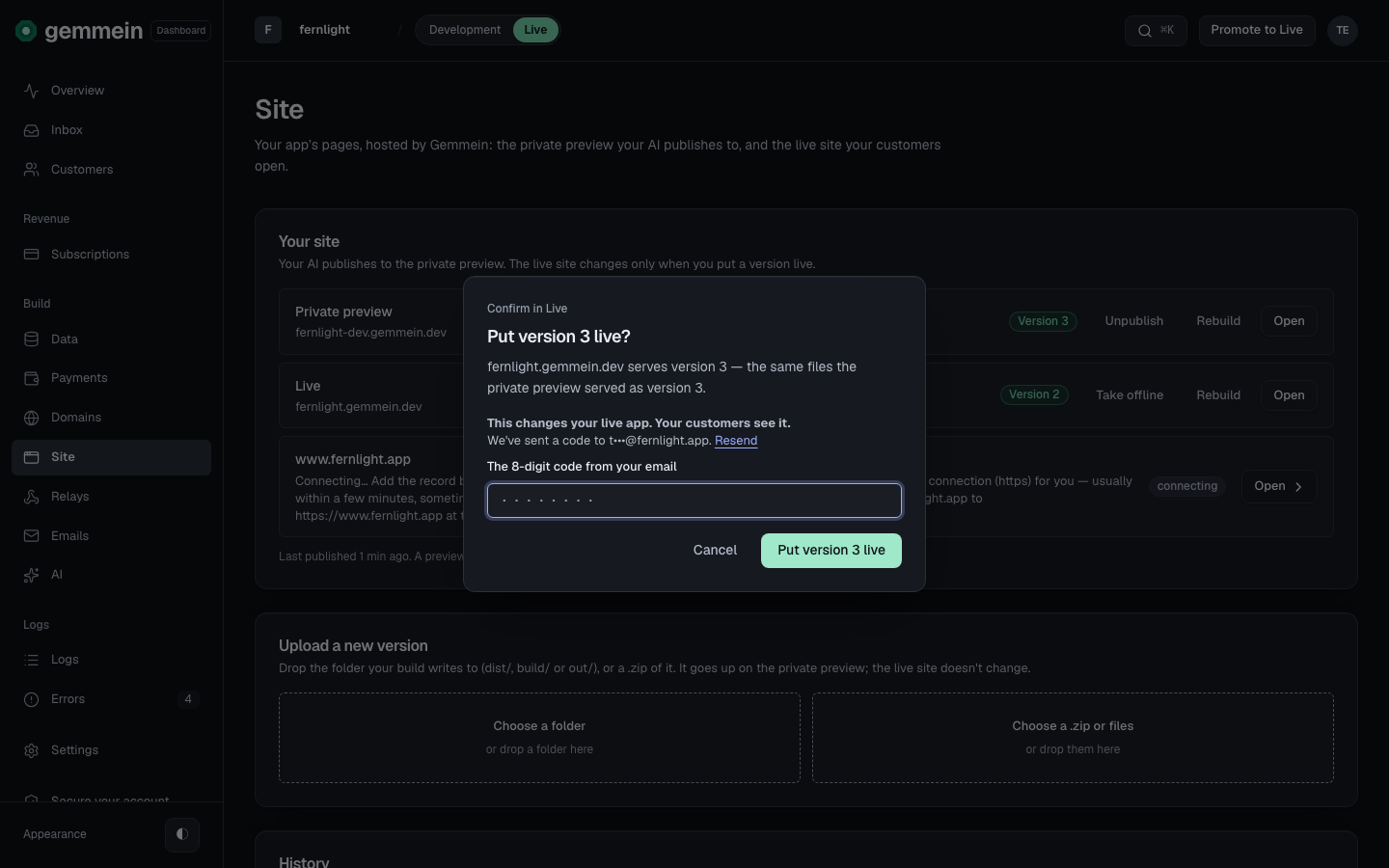 Open a version and choose Put live to show it to your customers. The live site gets the same files the private preview showed, after you enter the code we email you.
