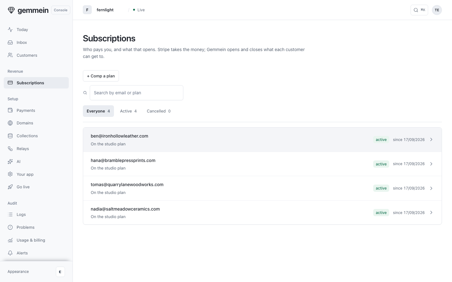 Open Subscriptions to see everyone on a plan: who they are, which plan, and since when.