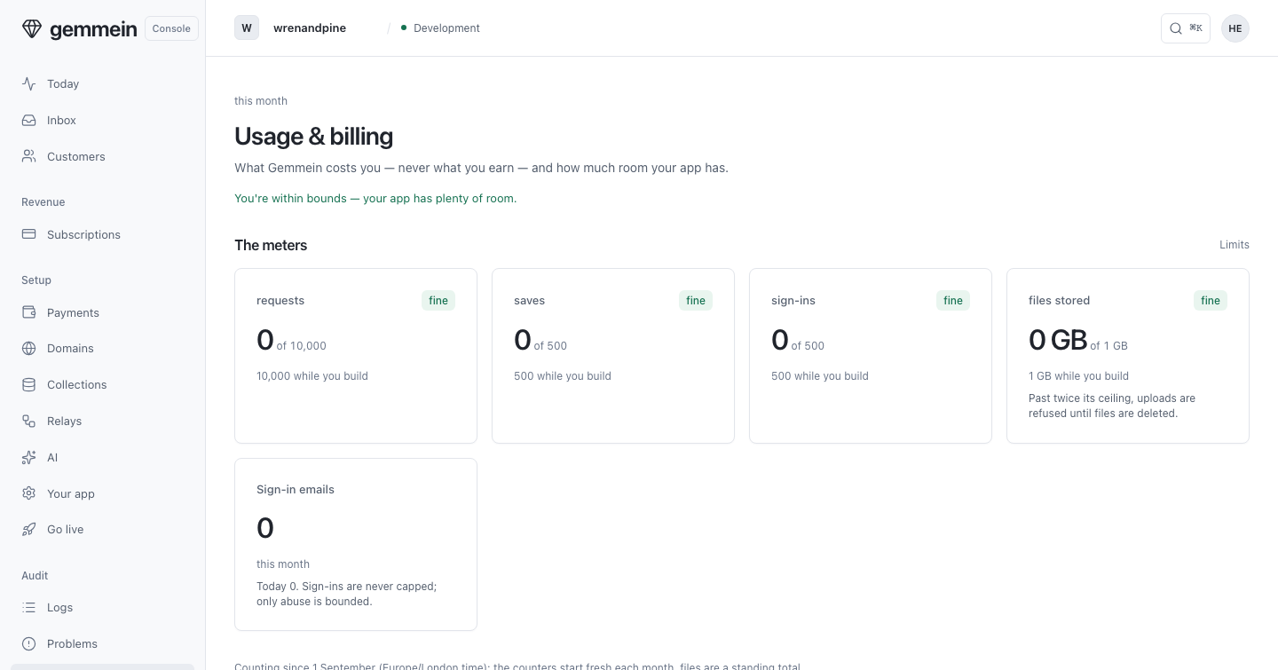 Open Usage & billing before your app is live to see your meters, and what you pay while you build: nothing.