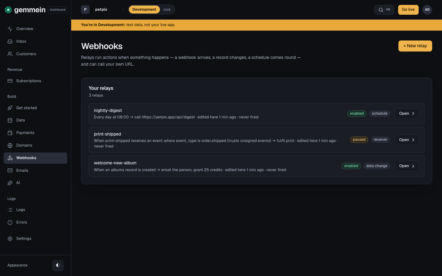Open Webhooks to see every relay your app runs, each written as a sentence.