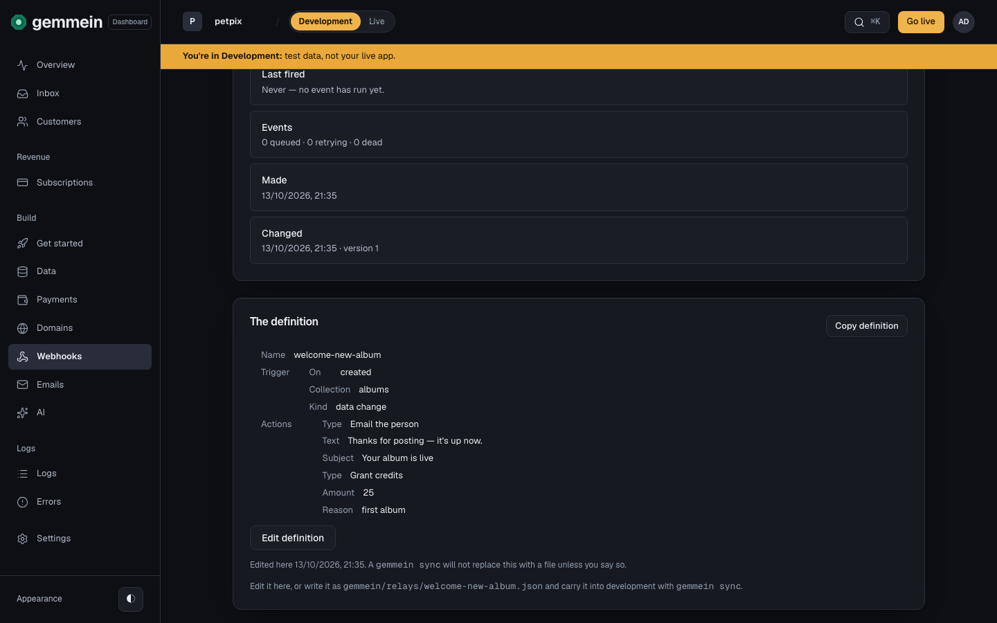 Scroll to Events: each time the relay fires adds a row, with how each of its actions went.