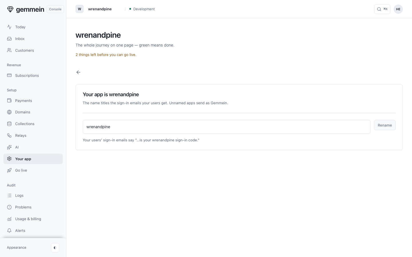 Open the name step to rename your app: the name titles the sign-in emails your customers get.